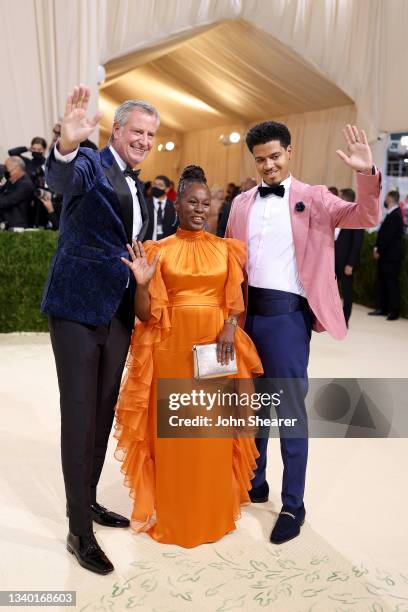 Bill de Blasio, Chirlane McCray and Dante de Blasio attend The 2021 Met Gala Celebrating In America: A Lexicon Of Fashion at Metropolitan Museum of...