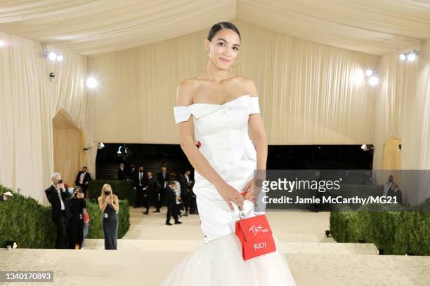Alexandria Ocasio-Cortez departs The 2021 Met Gala Celebrating In America: A Lexicon Of Fashion at Metropolitan Museum of Art on September 13, 2021...