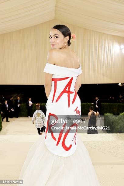 Alexandria Ocasio-Cortez departs The 2021 Met Gala Celebrating In America: A Lexicon Of Fashion at Metropolitan Museum of Art on September 13, 2021...