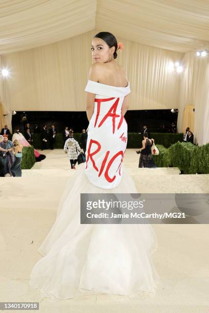 Alexandria Ocasio-Cortez departs The 2021 Met Gala Celebrating In America: A Lexicon Of Fashion at Metropolitan Museum of Art on September 13, 2021...