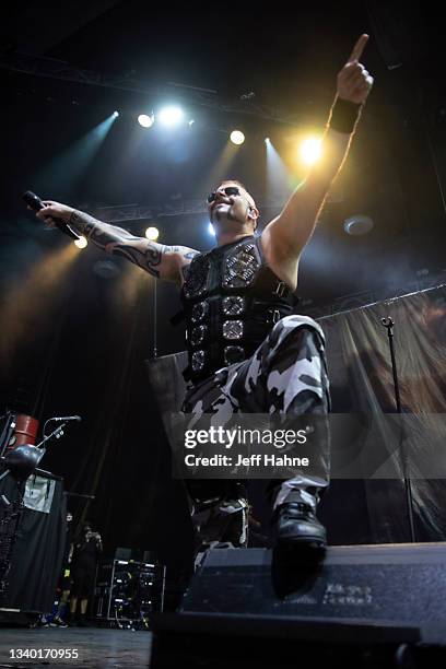 Singer Joakim Broden of Sabaton performs at PNC Music Pavilion on September 13, 2021 in Charlotte, North Carolina.