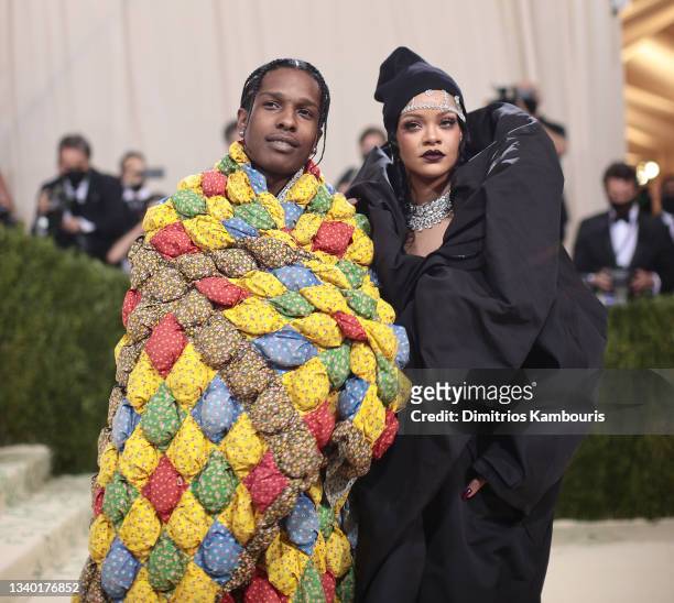 Rocky and Rihanna attend The 2021 Met Gala Celebrating In America: A Lexicon Of Fashion at Metropolitan Museum of Art on September 13, 2021 in New...