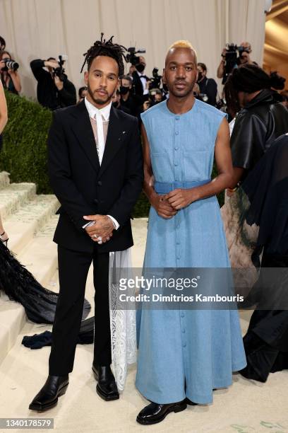 Lewis Hamilton and designer Kenneth Nicholson attend The 2021 Met Gala Celebrating In America: A Lexicon Of Fashion at Metropolitan Museum of Art on...