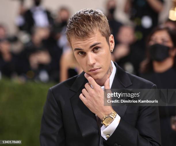 Justin Bieber attends The 2021 Met Gala Celebrating In America: A Lexicon Of Fashion at Metropolitan Museum of Art on September 13, 2021 in New York...