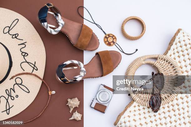 female summer personal accessories in white and brown colors - womenswear stock pictures, royalty-free photos & images