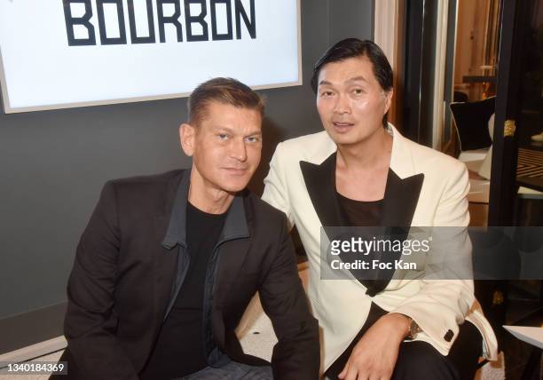Radio FG CEO Antoine Baduel and Axel Huyhn attend the Opening Cocktail At La Galerie Bourbon on September 13, 2021 in Paris, France.