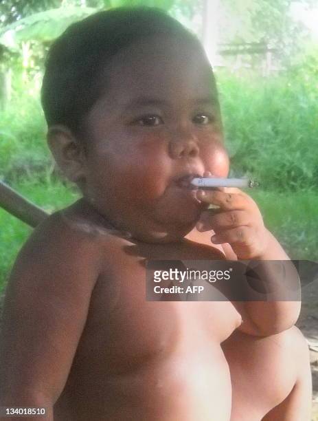 In this photograph taken on May 16, 2010 two-year-old Indonesian boy Ardi Rizal puffs on a cigarette in the yard of his family home in a village on...
