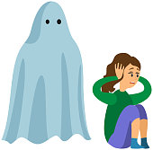 Girl covers ears from fright near monster, ghost in sheet. Frightened lady looking at flying phantom