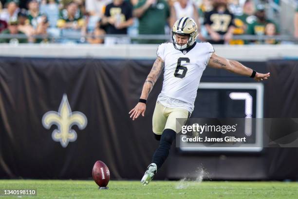 Aldrick Rosas of the New Orleans Saints kicks off to the Green Bay Packers during the fourth quarter of a game at TIAA Bank Field on September 12,...