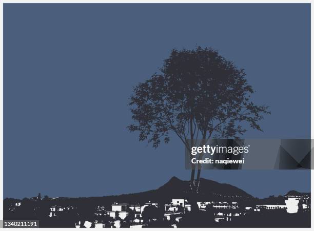 vector art engraving style painting village and tree landscape illustration,abstract backgrounds,anhui province,yixian county,china - tall stock illustrations stock illustrations