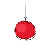 Winter doodle. Simple modern red  Christmas ball for holiday, merry christmas and happy new year greeting card, party decoration, template.  Vector hand drawn isolated. Christmas tree decoration