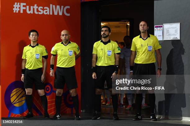 Referee team during the FIFA Futsal World Cup 2021 group D match between Panama and Czech Republic at Klaipeda Arena on September 13, 2021 in...