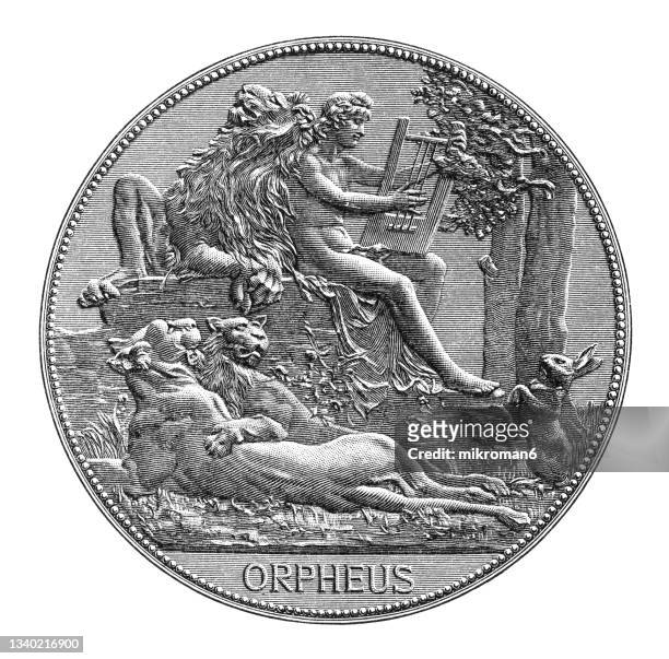 old engraved illustration of numismatics, medal gottfried keller (swiss poet and writer of german literature) - orpheus stock pictures, royalty-free photos & images