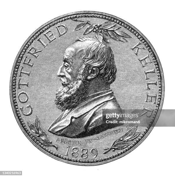 old engraved illustration of numismatics, medal gottfried keller (swiss poet and writer of german literature) - token frame stock pictures, royalty-free photos & images