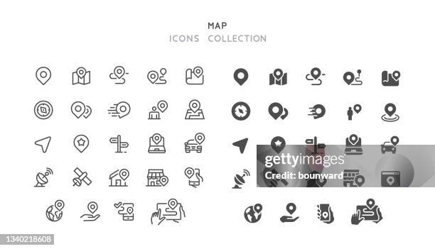 linien- und flache navigationskartensymbole - richtung stock-grafiken, -clipart, -cartoons und -symbole