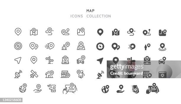 ilustraciones, imágenes clip art, dibujos animados e iconos de stock de iconos de mapa de navegación plano y de línea - asentamiento humano