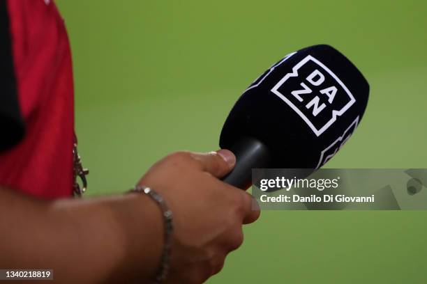 Microphone of the DAZN TV in pictured during the Serie A match between Bologna FC and Hellas Verona FC at Stadio Renato Dall'Ara on September 13,...