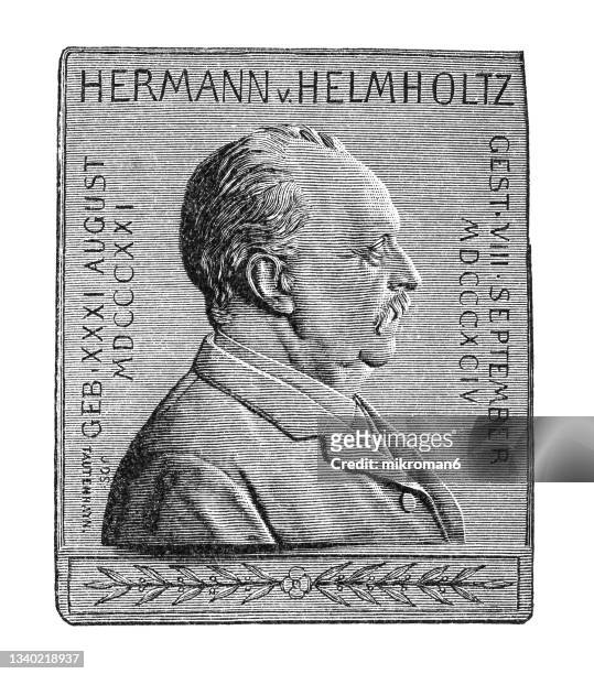 old engraved illustration of numismatics, medal hermann ludwig ferdinand von helmholtz (german physician) - numismatik stock-fotos und bilder