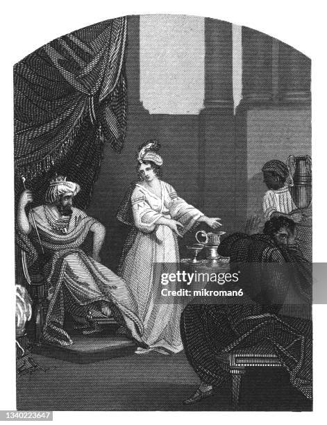 old engraved illustration of esther's invitation - queen stock illustrations stock pictures, royalty-free photos & images