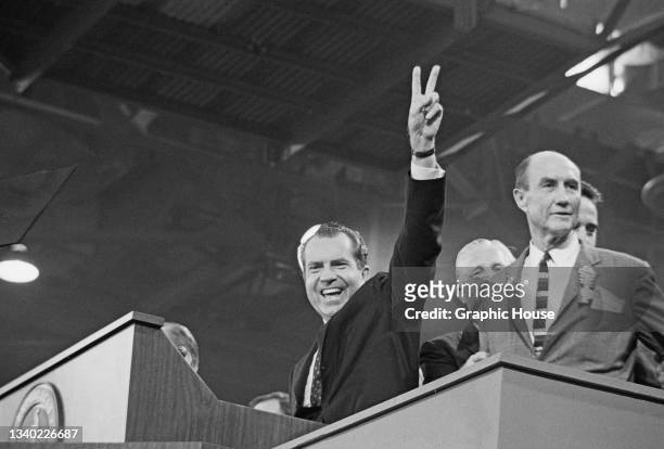 American politician Richard Nixon and American politician Strom Thurmond at the lectern on the final day of the 1968 Republican National Convention,...