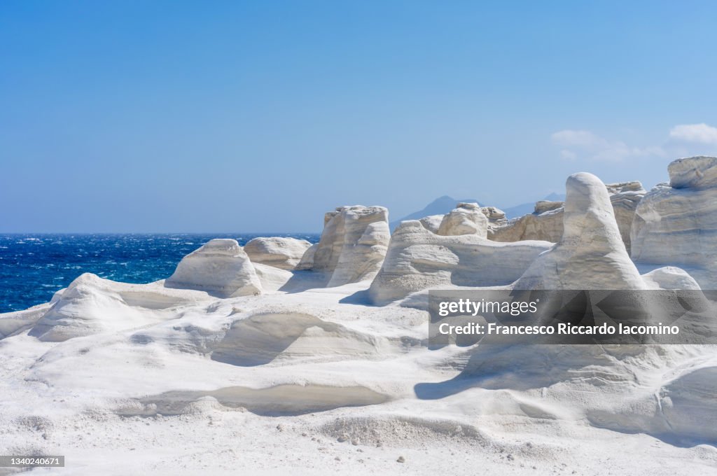 Sarakiniko Beach, White Volcanic Rock formations on Milos Island, Cyclades, Greece