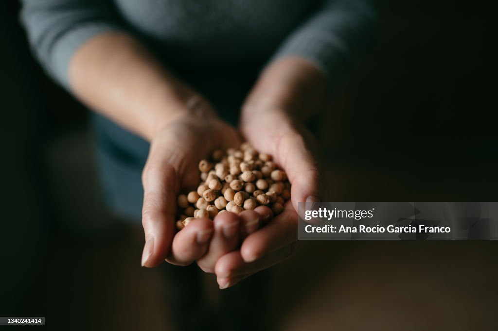 Elderly woman hands holding natural chickpeas on a glass jar