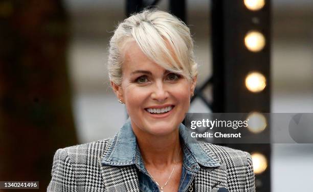 Laeticia Hallyday, widow of late French singer Johnny Hallyday attends the inauguration of the Johnny Hallyday esplanade on September 14, 2021 in...