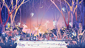 Fantasy cute little fairies flying and playing with reindeers family in magic forest at Christmas night,Vector illustration landscape of Winter wonderland.Fairytale background for bed time story cover