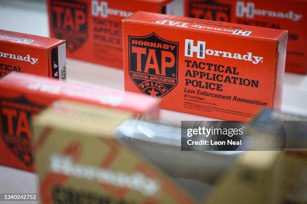 Box of Hornady Tactical Application Police law enforcement ammunition is seen on day one of the DSEI exhibition at ExCel on September 14, 2021 in...