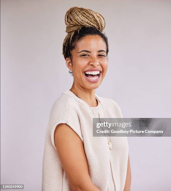 stylish young businesswoman with braided hair laughing - happy portrait stock pictures, royalty-free photos & images