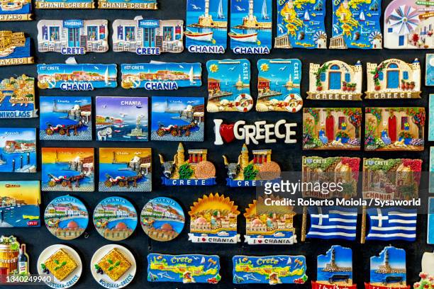 greek souvenirs for tourist, chania, crete, greece - souvenirs stock-fotos und bilder