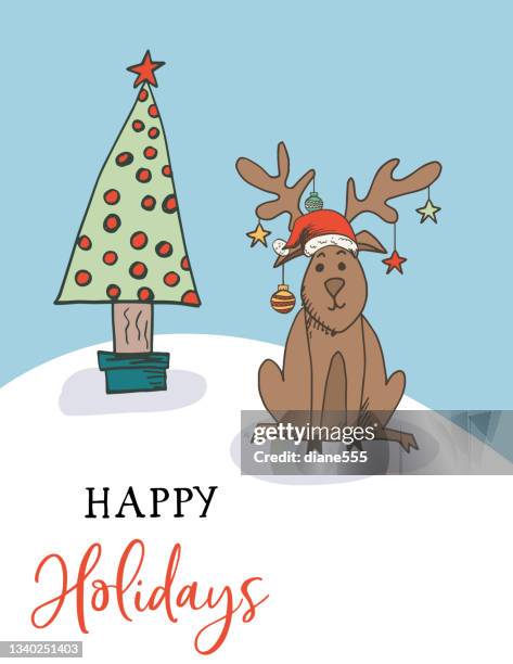 ilustraciones, imágenes clip art, dibujos animados e iconos de stock de plantilla de tarjeta de reno de navidad dibujada a mano - hand drawn christmas card with reindeer