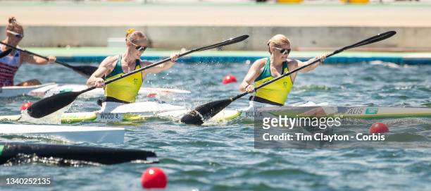 August 3: Alyssa Bull and Alyce Wood of Australia in action in the final of the 500m Kayak double for women at the Sea Forest Waterway during the...
