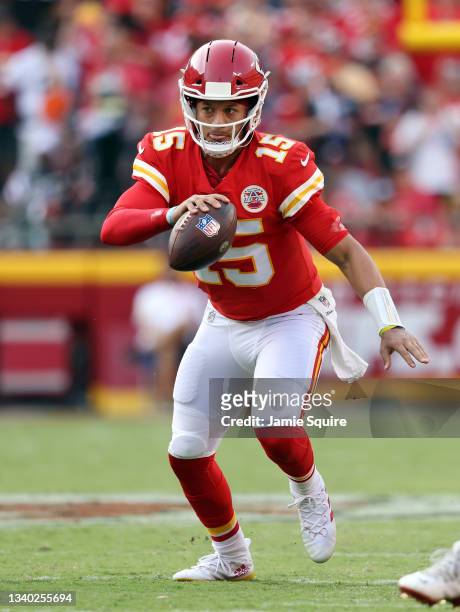 Quarterback Patrick Mahomes of the Kansas City Chiefs in action during the game against the Cleveland Browns at Arrowhead Stadium on September 12,...