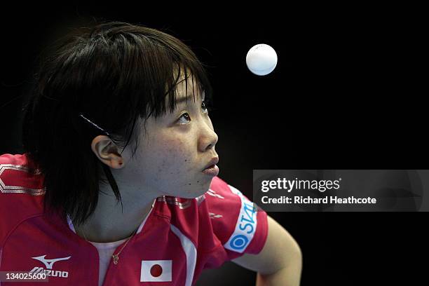 Misaki Morizono of Japan serves against Saki Tashiro of Japan in a preliminary group match during the ITTF Pro Tour Table Tennis Grand Finals at the...