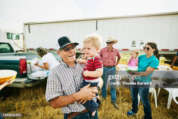 Medium wide shot of laughing farmer holding grandson during family meal in wheat field during harvest