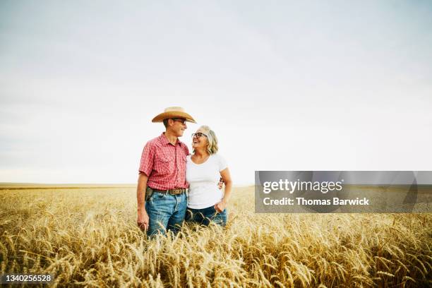 wide shot of smiling couple embracing in wheat field during summer harvest - farm couple fotografías e imágenes de stock