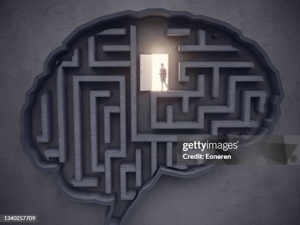 big idea concept, la mujer abre la puerta en el cerebro en forma de laberinto - sabiduría fotografías e imágenes de stock