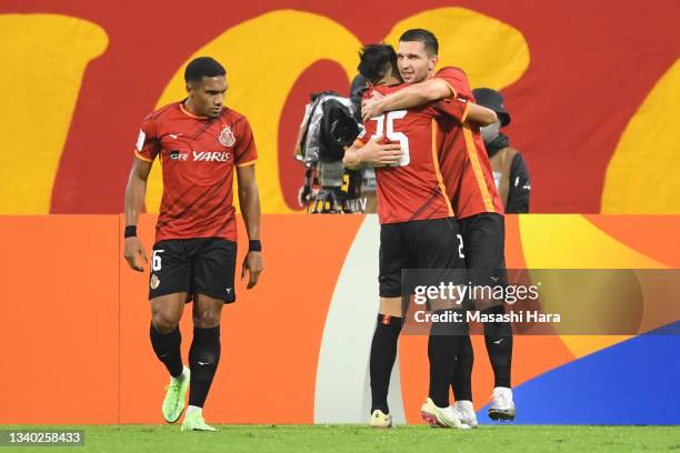 Jakub Swierczok of Nagoya Grampus celebrates the first goal during the AFC Champions League round of 16 match between Nagoya Grampus and Daegu FC at...