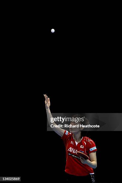 Kasumi Ishikawa of Japan serves against I-Ching Cheng of Chinese Taipei in a preliminary group match during the ITTF Pro Tour Table Tennis Grand...