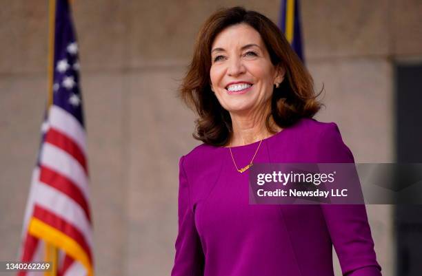 New York State Governor Kathy Hochul speaks at a press conference in Harlem in New York City on August 26, 2021.