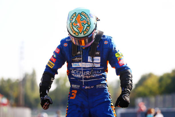 F1 Grand Prix of ItalyMONZA, ITALY - SEPTEMBER 12: Daniel Ricciardo of Australia and McLaren celebrates in parc ferme after winning the F1 Grand Prix of Italy at Autodromo di Monza on September 12, 2021 in Monza, Italy.