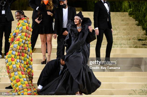 Rapper ASAP Rocky and singer Rihanna attends the 2021 Met Gala Celebrating In America: A Lexicon Of Fashion at the Metropolitan Museum Of Art on...