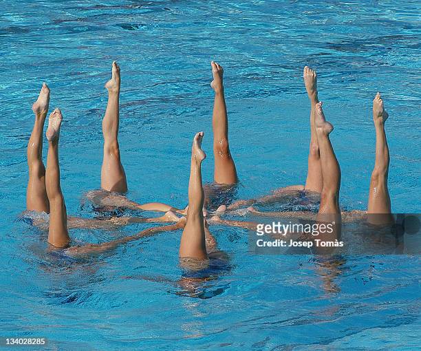 swimmers performing - synchronized swimming stock-fotos und bilder