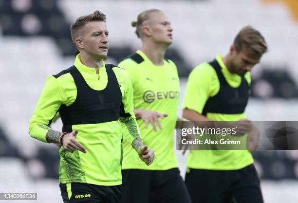 Marco Reus of Borussia Dortmund attends a training session ahead of the UEFA Champions League Group C first match between Besiktas and Borussia...