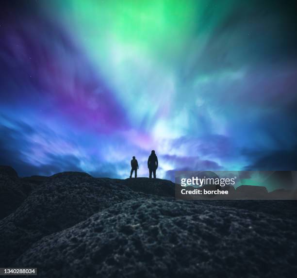 under the colorful sky - aurora panorama stock pictures, royalty-free photos & images