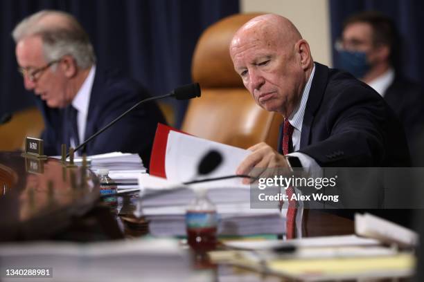 Rep. Kevin Brady , ranking member of House Ways and Means Committee, reads documents during a markup hearing at Longworth House Office Building...