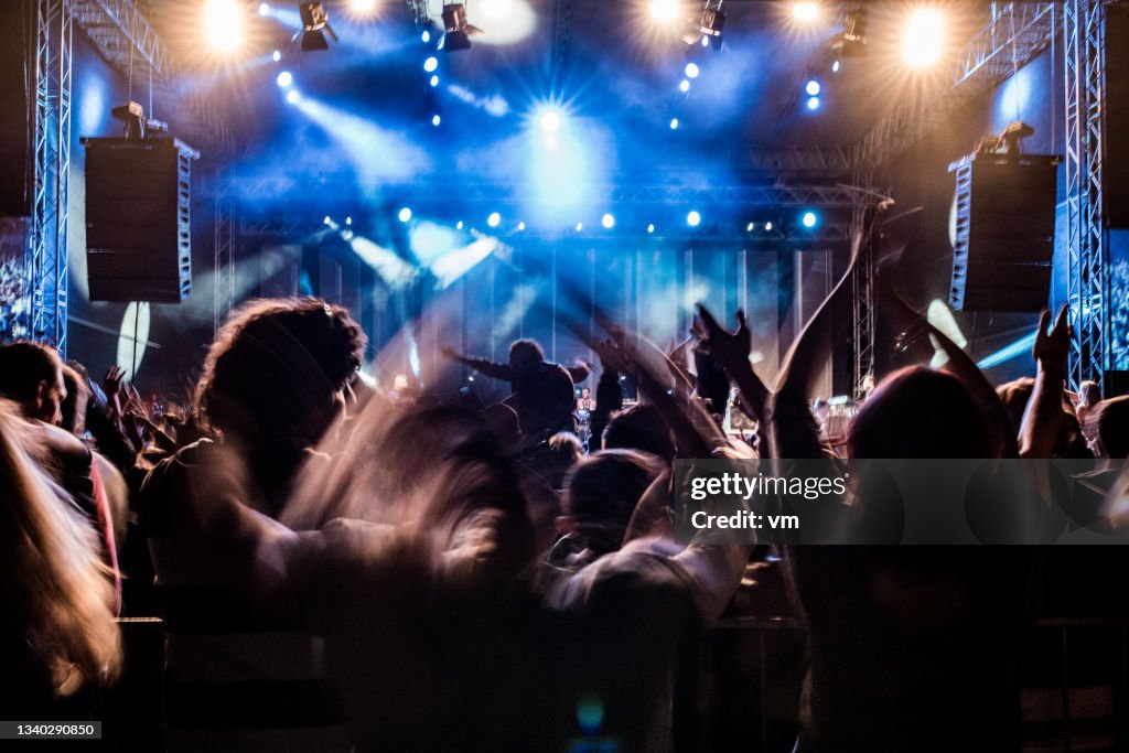 Fans with raised arms enjoying concert, people on open-air music festival