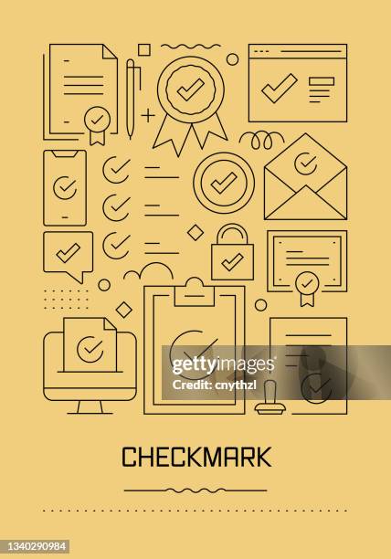 checkmark and approved related modern line design brochure, poster, flyer, presentation template vector illustration - study guide stock illustrations