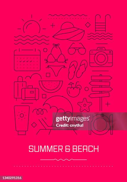 summer and beach related modern line design brochure, poster, flyer, presentation template vector illustration - sunscreen hat stock illustrations